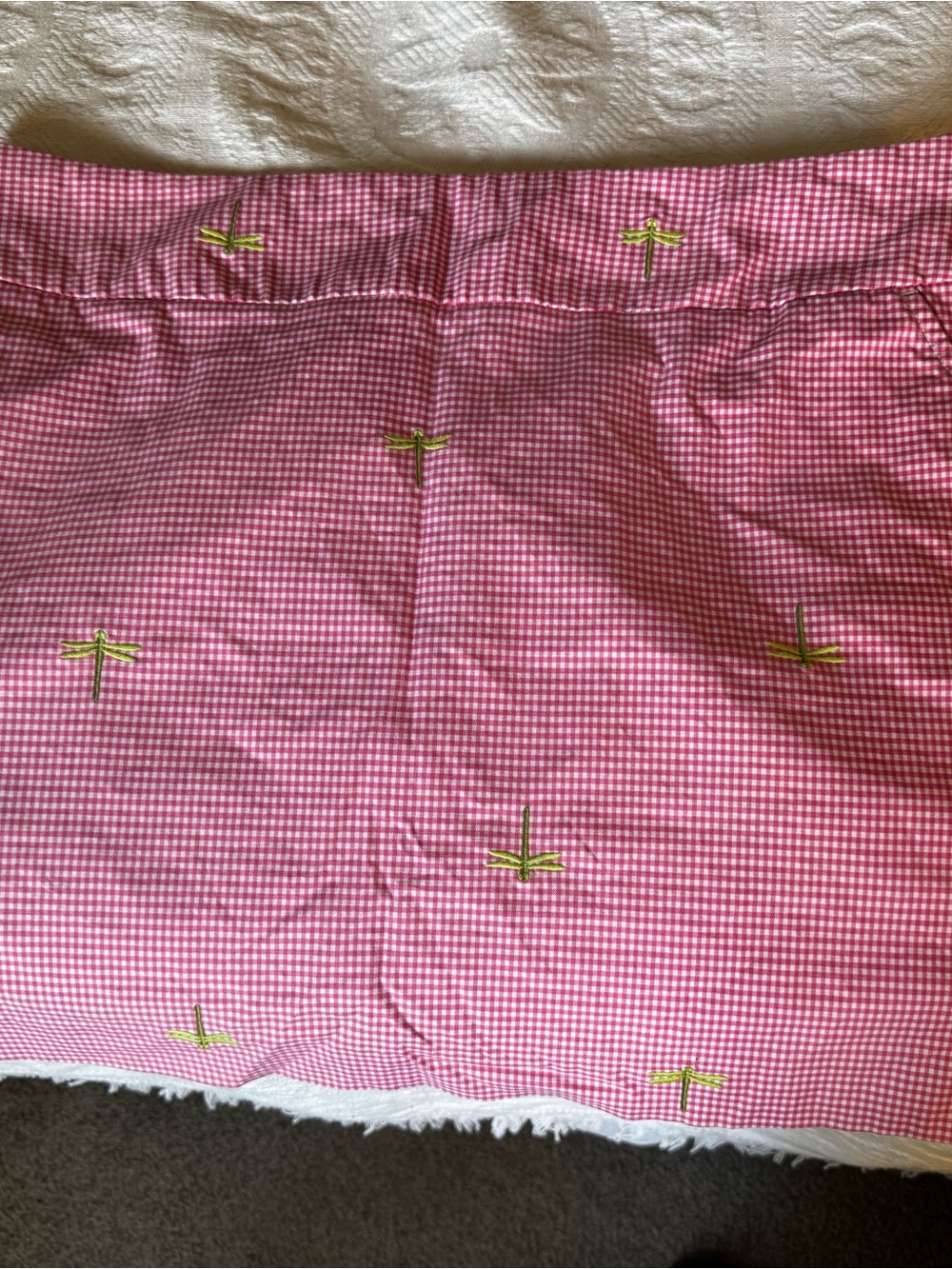 J. Crew Pink Gingham Skirt with Lime Green Dragonflies